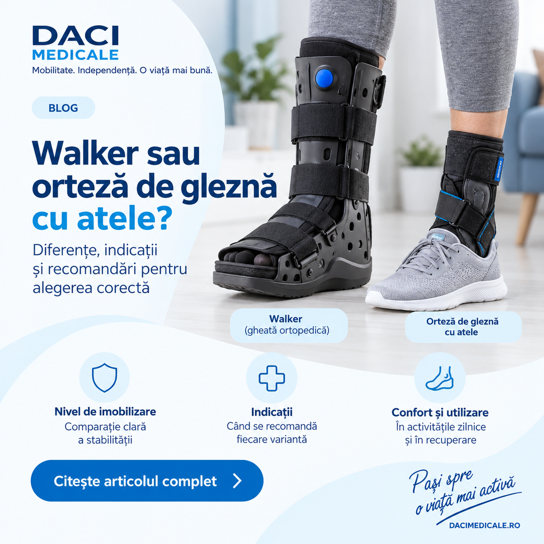  Comparatie intre gheata ortopedica Walker si orteza de glezna cu atele
